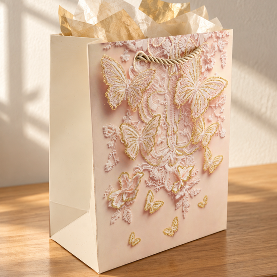 Small blush gift bag with cascading lace butterfly wings and gold glitter