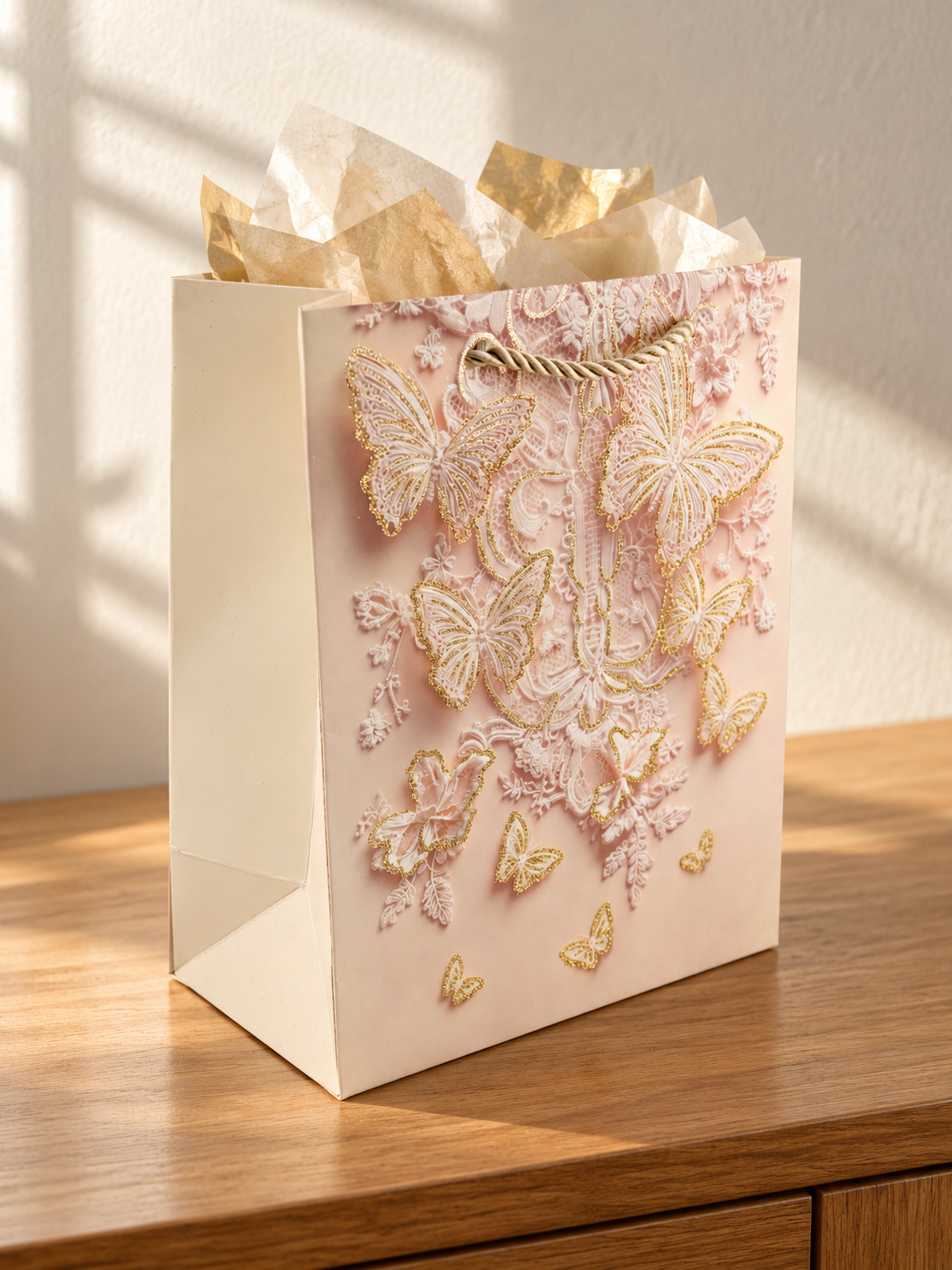 Small blush gift bag with cascading lace butterfly wings and gold glitter