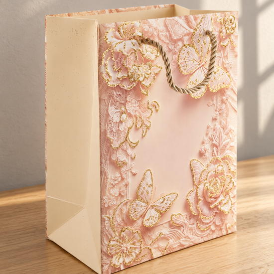 Small blush pink rose butterfly lace gift bag with gold glitter accents and rope handles