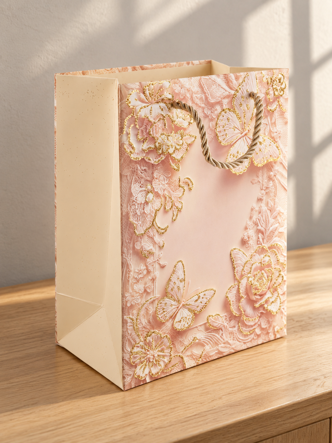 Small blush pink rose butterfly lace gift bag with gold glitter accents and rope handles