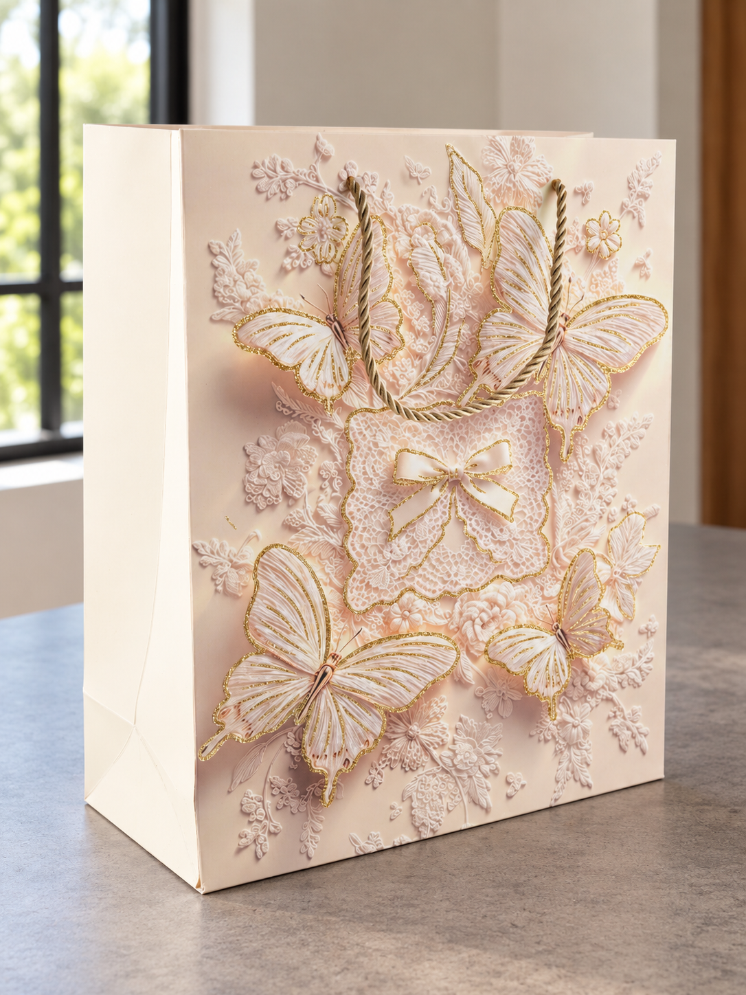 Medium blush pink butterfly bow lace gift bag with gold glitter wings and rope handles