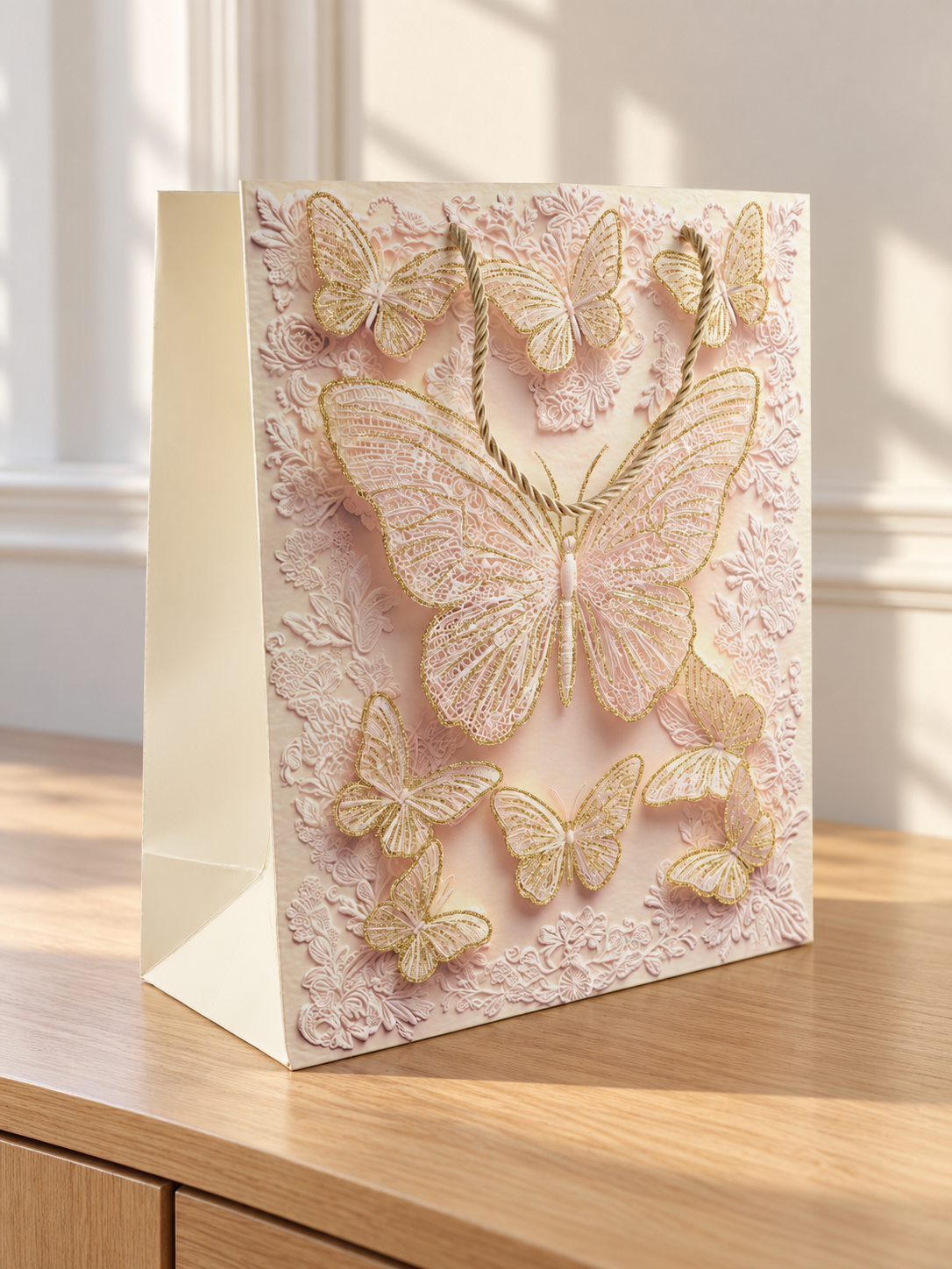 Medium blush pink grand butterfly wing lace gift bag with gold cord handles