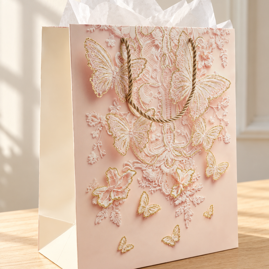 Medium blush pink cascading butterfly wing gift bag with gold glitter details