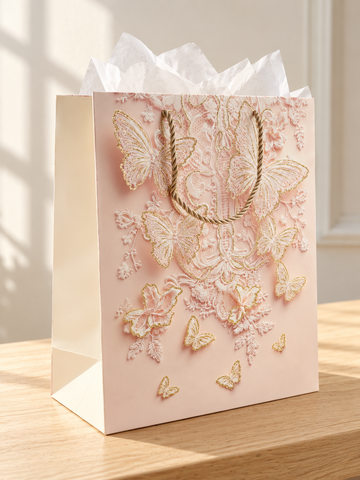 Medium blush pink cascading butterfly wing gift bag with gold glitter details