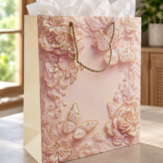 Medium blush pink rose butterfly lace gift bag with gold accents and cord handles