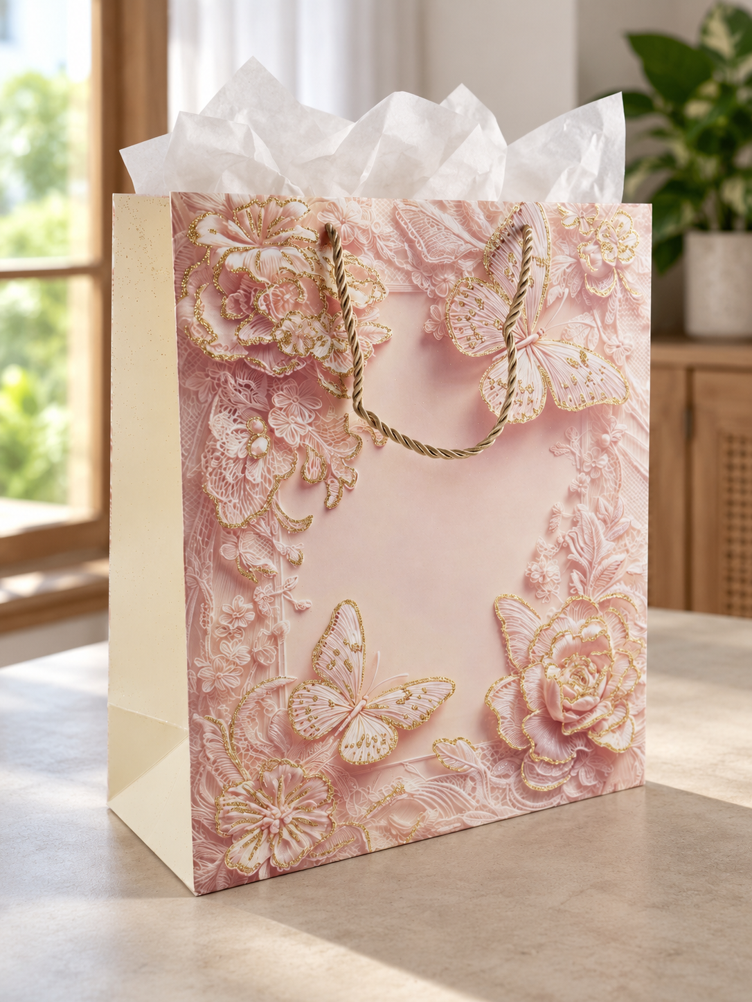 Medium blush pink rose butterfly lace gift bag with gold accents and cord handles