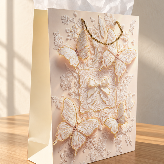 Large blush pink butterfly bow lace gift bag with gold glitter accents and rope handles