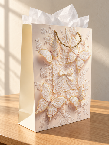 Large blush pink butterfly bow lace gift bag with gold glitter accents and rope handles