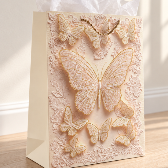 Large blush pink grand butterfly wing lace gift bag with gold rope cord handles