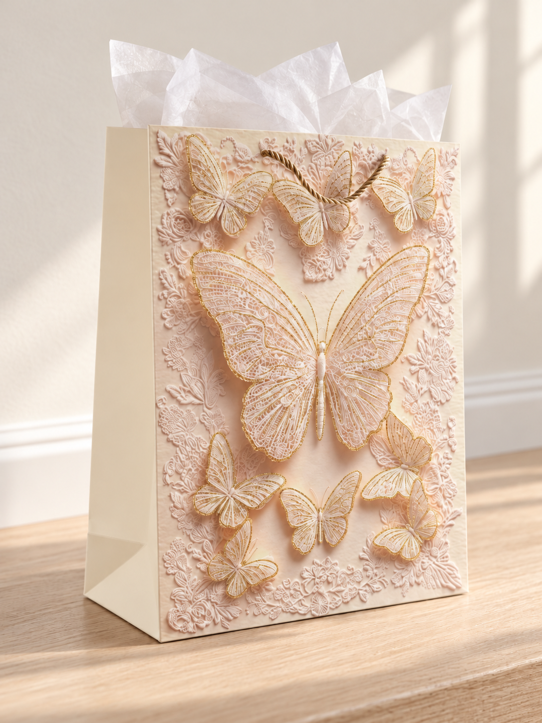 Large blush pink grand butterfly wing lace gift bag with gold rope cord handles