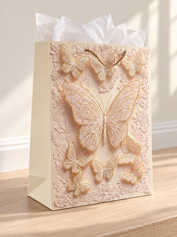 Large blush pink grand butterfly wing lace gift bag with gold rope cord handles
