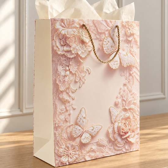 Large blush pink rose butterfly lace gift bag with gold glitter wings and rope handles