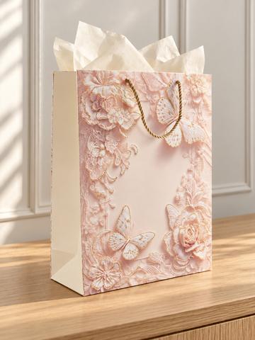 Large blush pink rose butterfly lace gift bag with gold glitter wings and rope handles