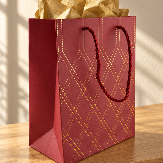 Small crimson red quilted diamond gift bag with gold lattice lines and rope handles