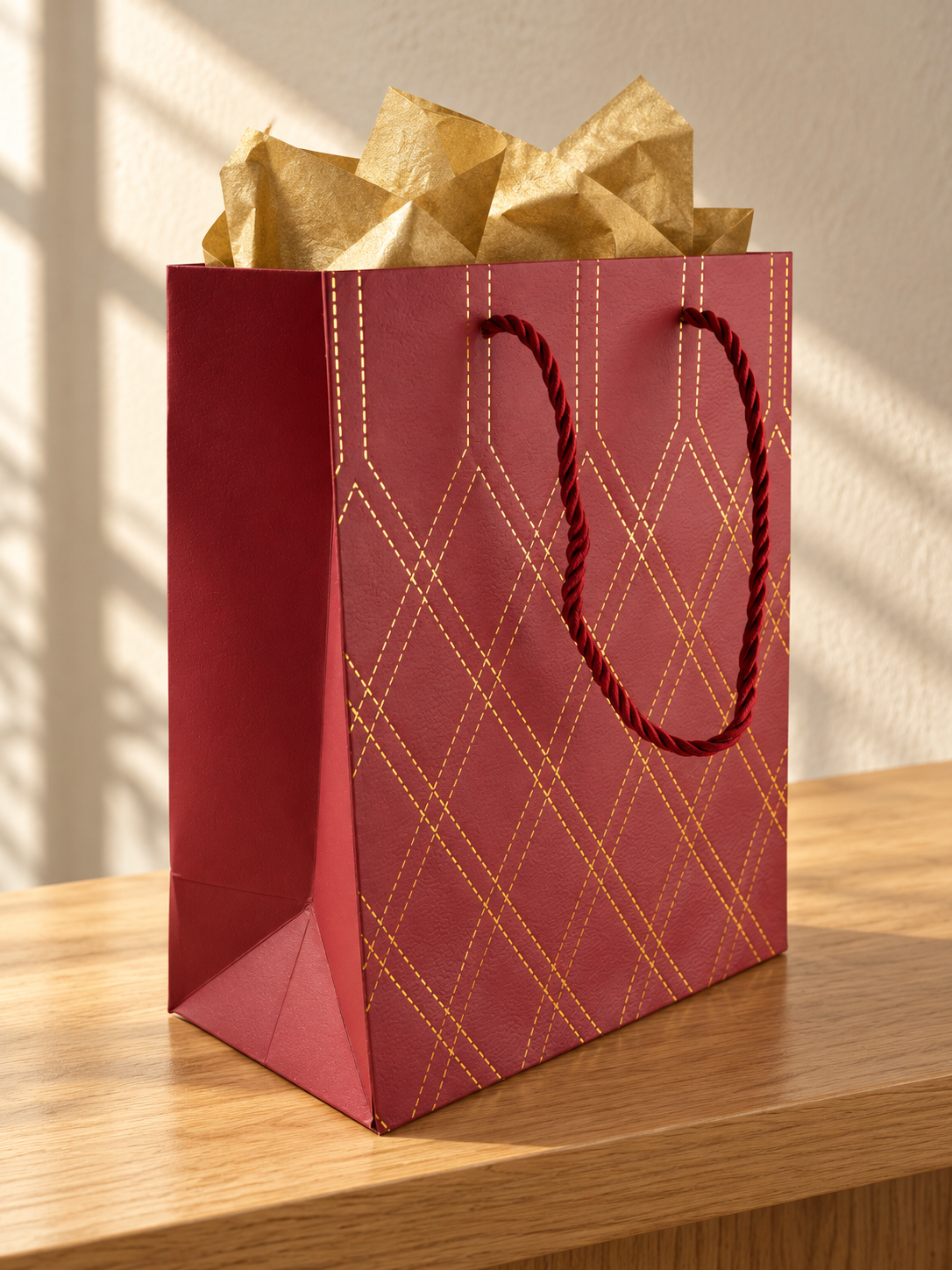 Small crimson red quilted diamond gift bag with gold lattice lines and rope handles