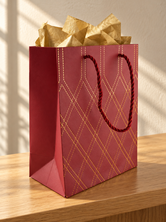 Small crimson red quilted diamond gift bag with gold lattice lines and rope handles