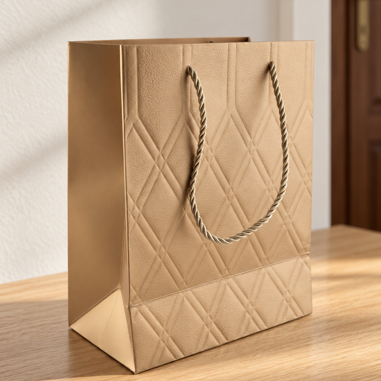Small gold quilted diamond metallic gift bag with twisted gold rope handles