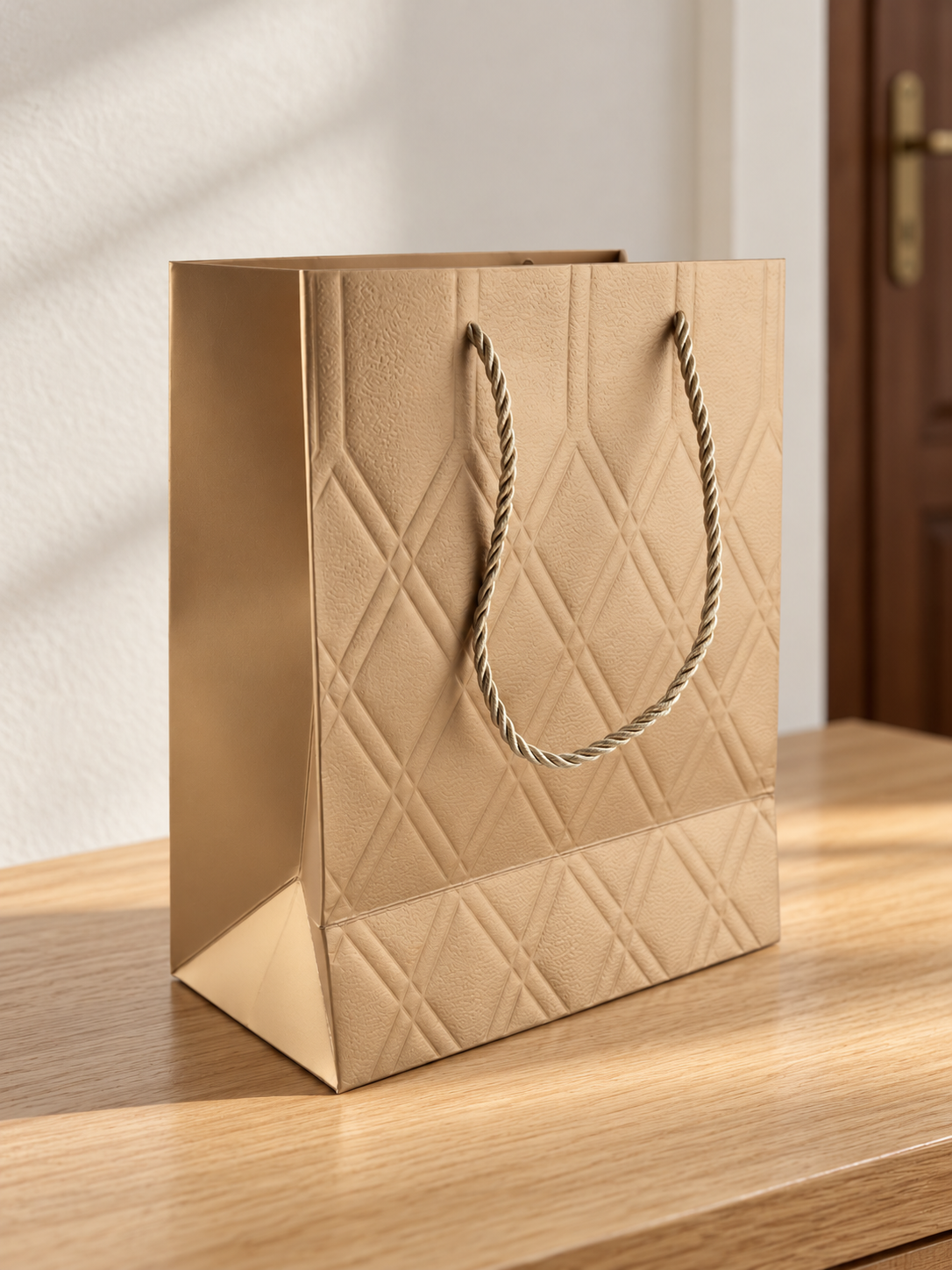 Small gold quilted diamond metallic gift bag with twisted gold rope handles