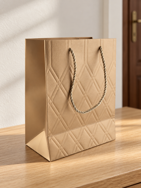 Small gold quilted diamond metallic gift bag with twisted gold rope handles