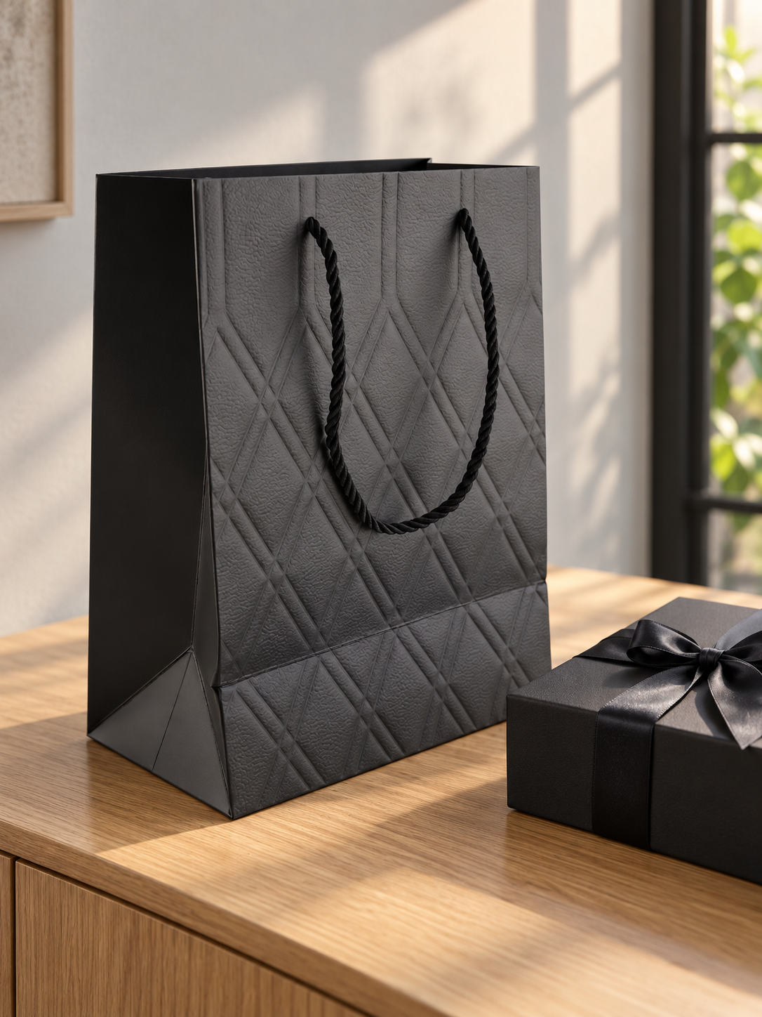 Small black quilted diamond gift bag with matching twisted black rope handles