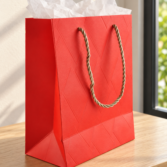 Small crimson red basket weave texture gift bag with matching red rope handles
