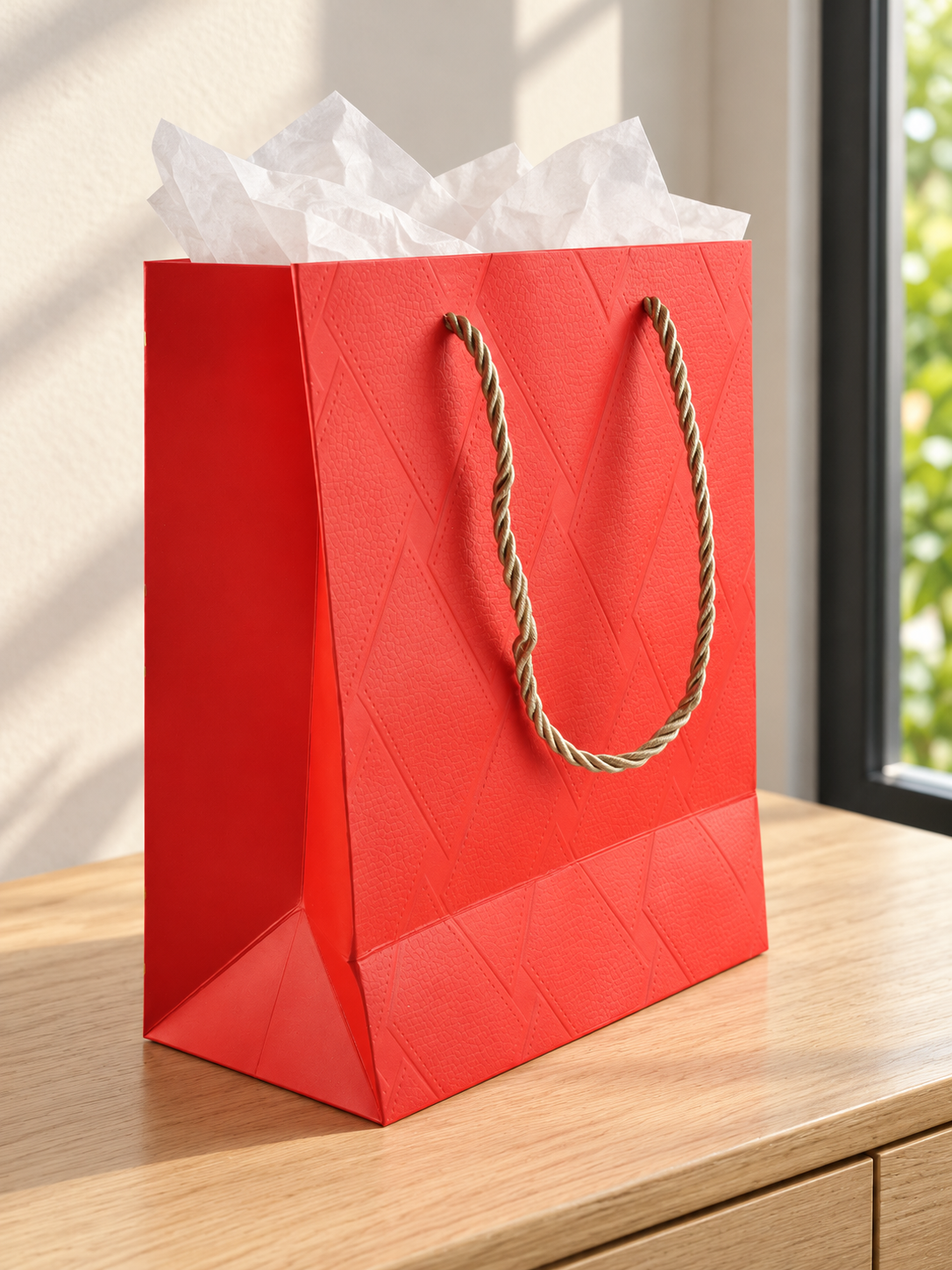 Small crimson red basket weave texture gift bag with matching red rope handles