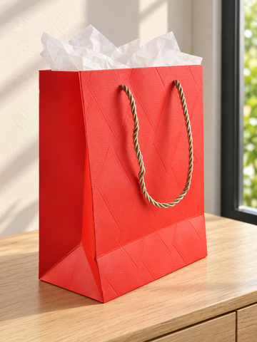 Small crimson red basket weave texture gift bag with matching red rope handles