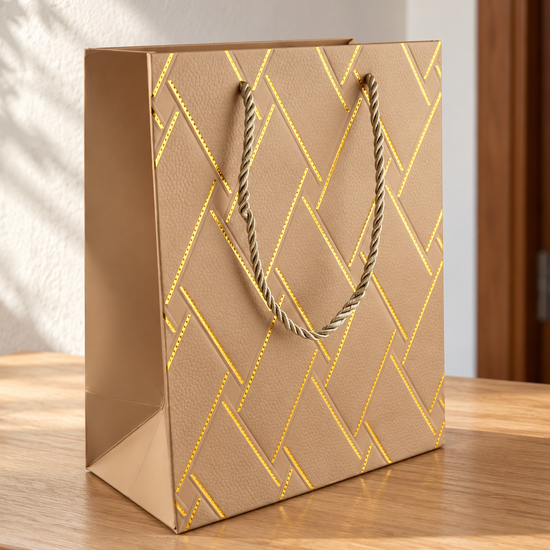 Small gold basket weave texture metallic gift bag with braided gold rope handles