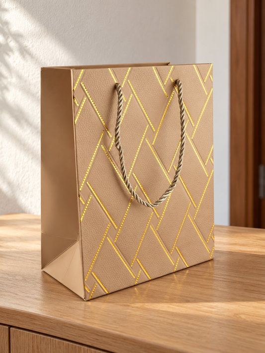 Small gold basket weave texture metallic gift bag with braided gold rope handles