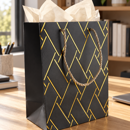 Small black basket weave texture gift bag with matching twisted black rope handles