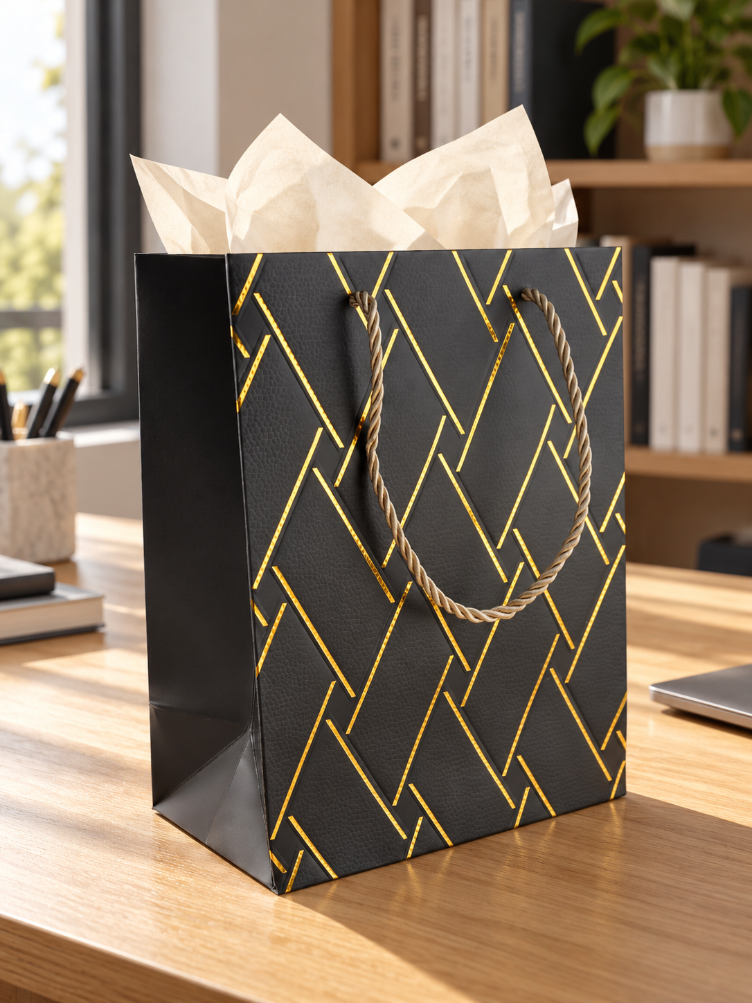 Small black basket weave texture gift bag with matching twisted black rope handles