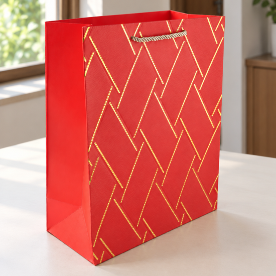 Medium crimson red basket weave texture gift bag with matching red cord handles