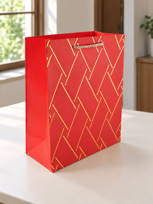 Medium crimson red basket weave texture gift bag with matching red cord handles