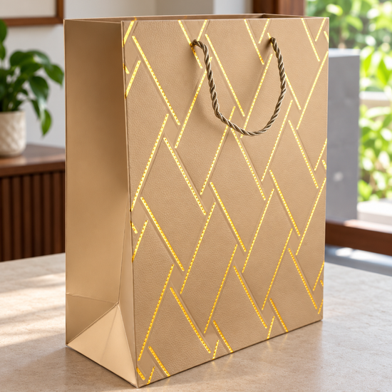 Medium gold basket weave texture metallic gift bag with braided gold cord handles