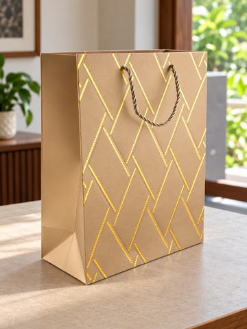 Medium gold basket weave texture metallic gift bag with braided gold cord handles