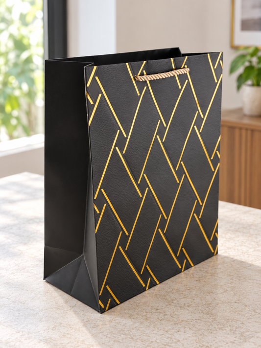 Medium black basket weave texture gift bag with matching twisted black cord handles