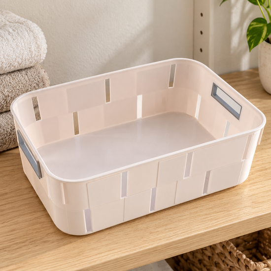 Beige plastic cutout handle storage tub basket for shelf and pantry organization
