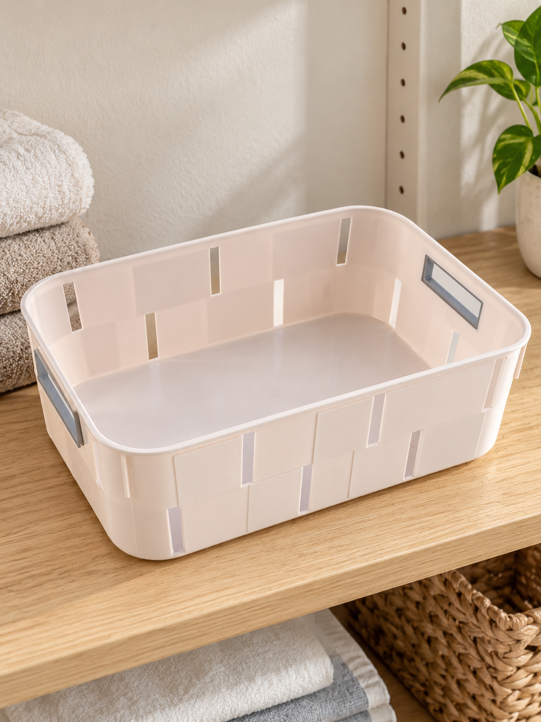 Beige plastic cutout handle storage tub basket for shelf and pantry organization