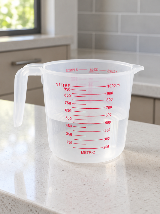 Clear 1L plastic measuring jug with volume graduation marks and pouring spout
