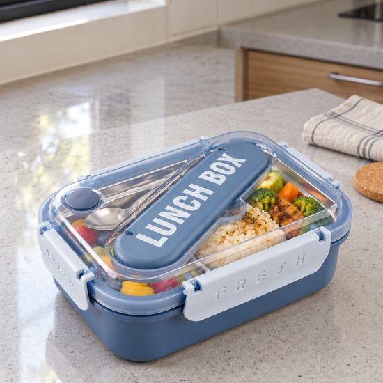 Blue compartment bento lunch box with leakproof locking lid and cutlery storage