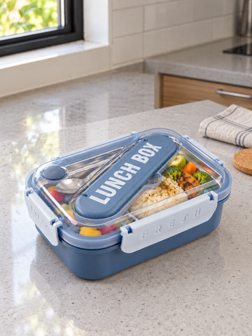 Blue compartment bento lunch box with leakproof locking lid and cutlery storage