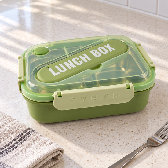 Olive green compartment bento lunch box with locking latches and cutlery slot