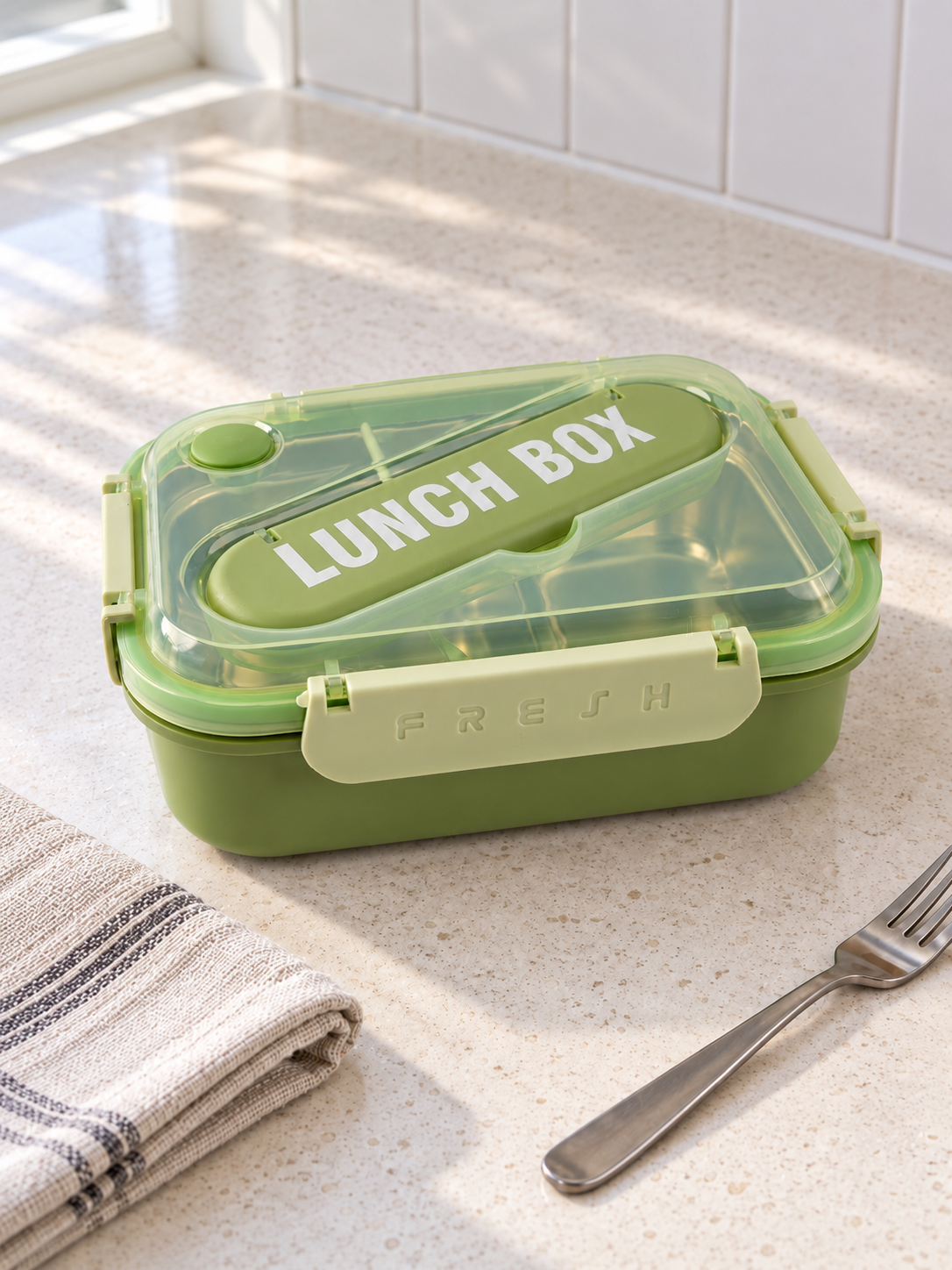 Olive green compartment bento lunch box with locking latches and cutlery slot