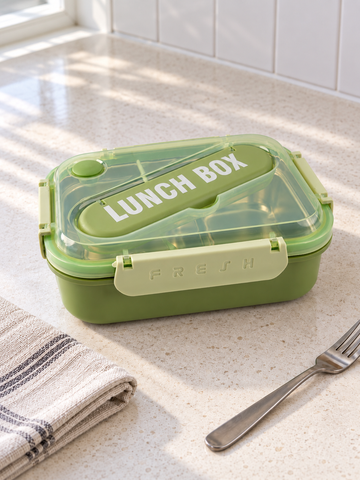 Olive green compartment bento lunch box with locking latches and cutlery slot