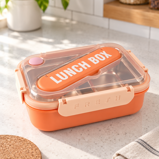 Coral orange compartment bento lunch box with locking buckles and cutlery set