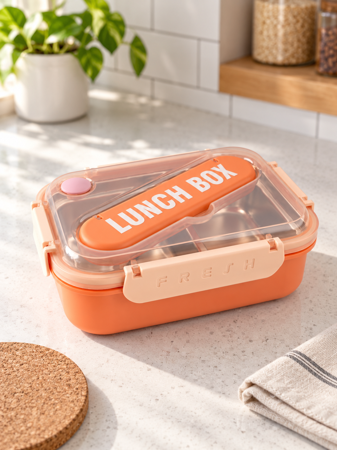 Coral orange compartment bento lunch box with locking buckles and cutlery set