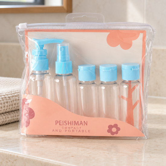 Blue portable travel toiletry bottle set in a clear waterproof zipper pouch