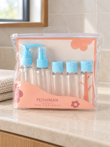 Blue portable travel toiletry bottle set in a clear waterproof zipper pouch