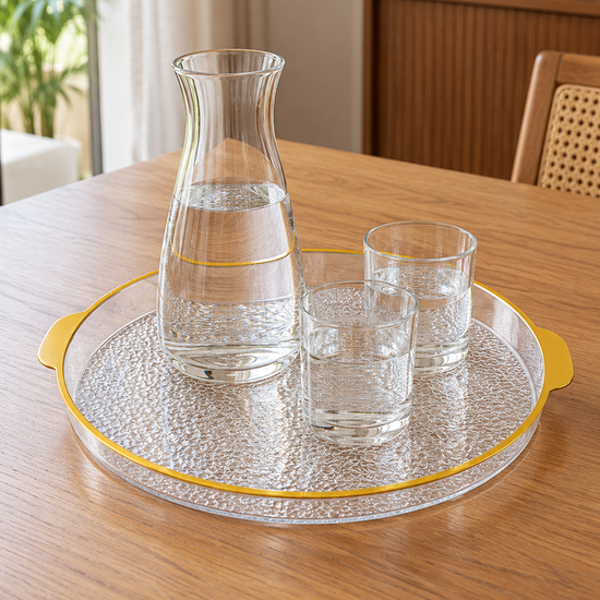 Medium 28 cm round plastic serving tray with cutout handles top view