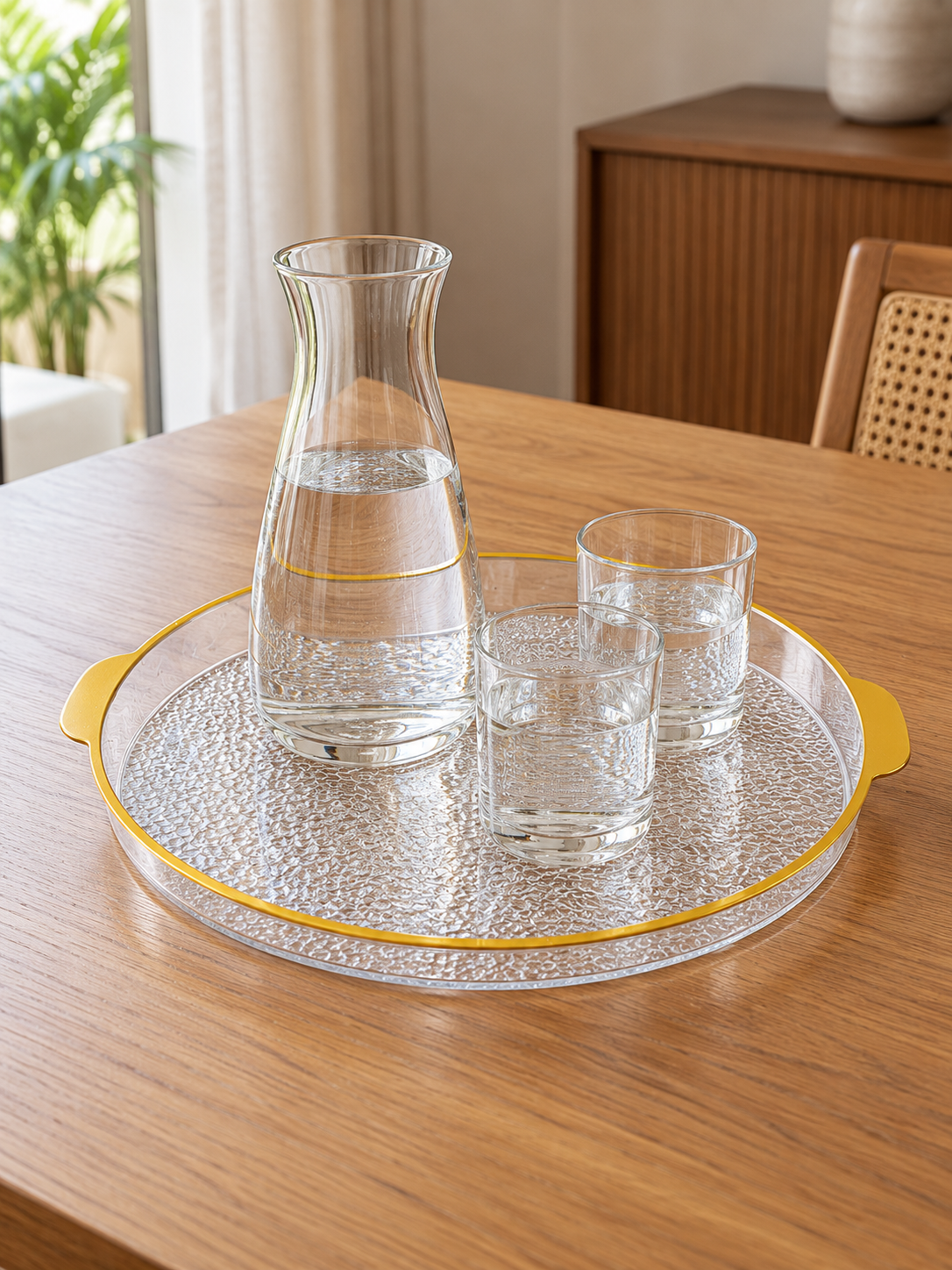Medium 28 cm round plastic serving tray with cutout handles top view
